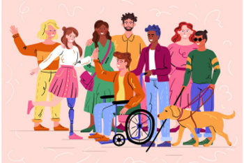 Group of diverse happy smiling disabled people and guide dog with an assortment of different handicaps on a pink background, colored vector illustration
